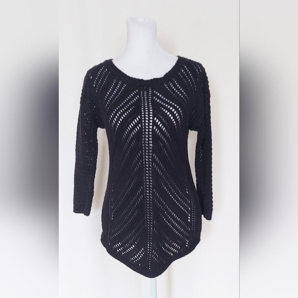 Chelsea & Theodore 3/4 Sleeve Crochet Knit Sweater Black Size Medium